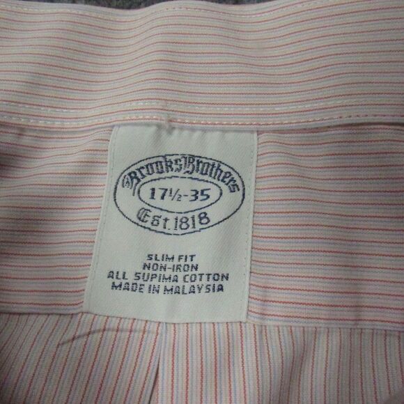 Brooks Brothers 1818 Shirt Mens 17.5 x 35 Slim‎ Fit Pinstriped Pink Dress Shirt - Picture 4 of 13